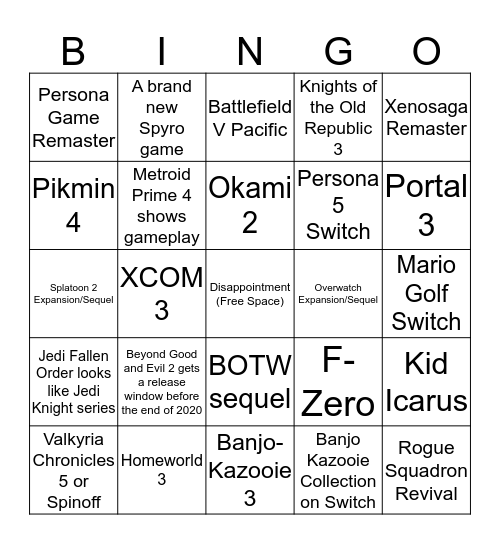 E3 Dream/Longshot Announcement Bingo Card