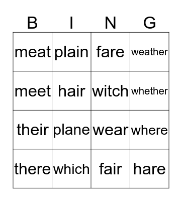 Homonyms Bingo Card