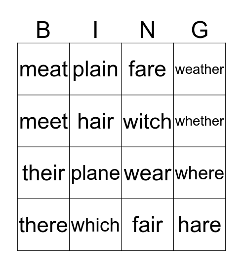 Homonyms Bingo Card