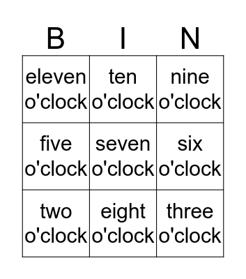 What time is it? Bingo Card