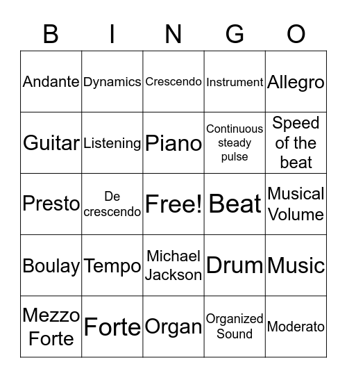 Music Bingo Card