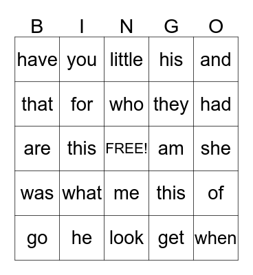 Sight Words Bingo Card