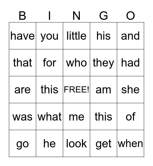Sight Words Bingo Card