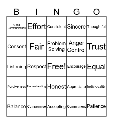 Healthy Relationship Bingo Card
