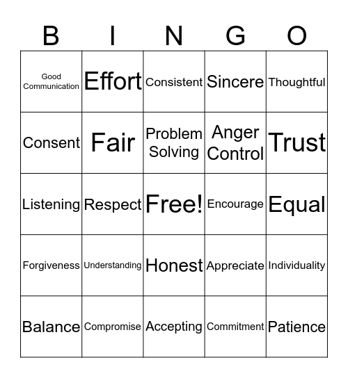 Healthy Relationship Bingo Card