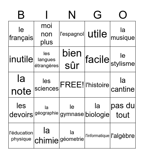 Leçon 2A Vocabulaire Bingo Card