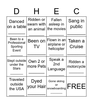Have you Ever! Bingo Card