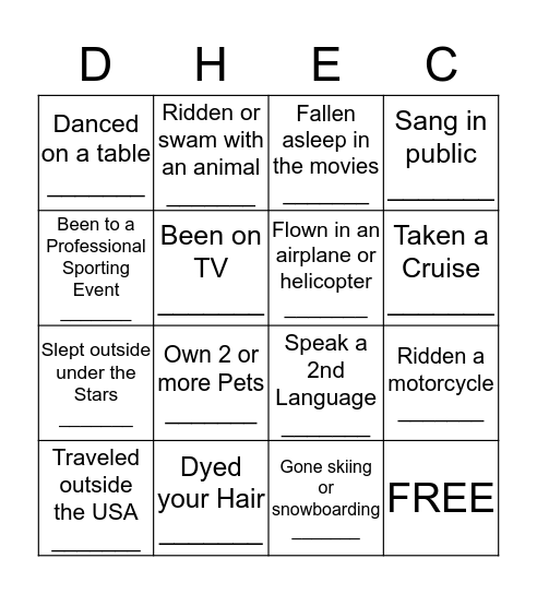 Have you Ever! Bingo Card