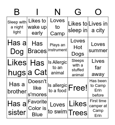 Camp Erin People Bingo Card