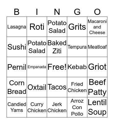 Cultural Food  Bingo Card