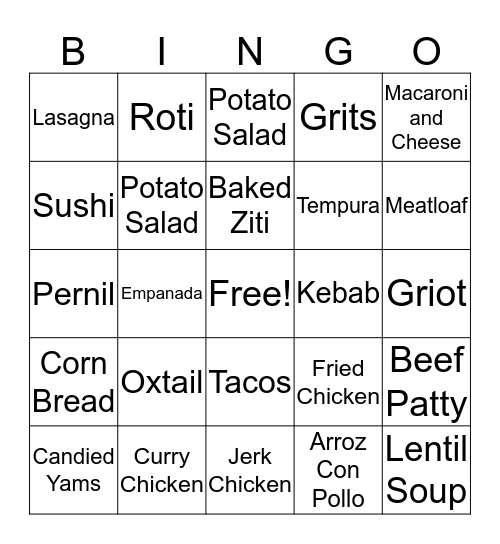 Cultural Food  Bingo Card