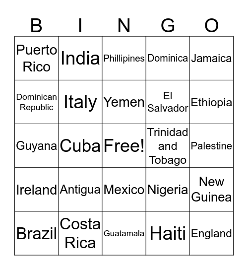 Countries  Bingo Card