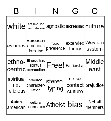 Cultural Diversity Bingo Card
