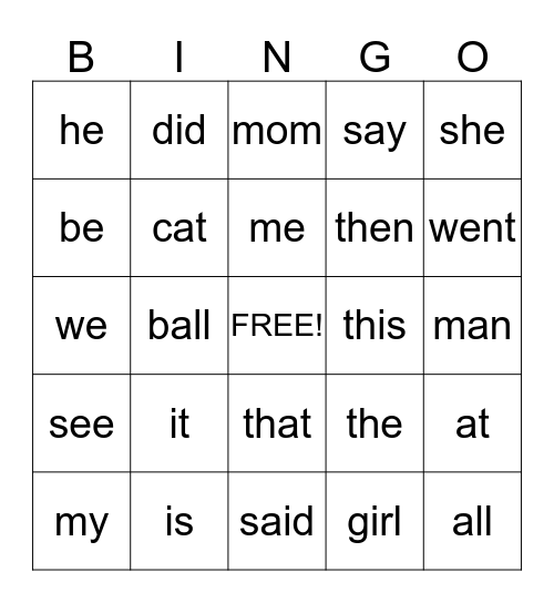 Sight Words Bingo Card