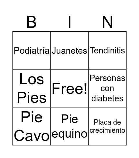 Podiatría Bingo Card