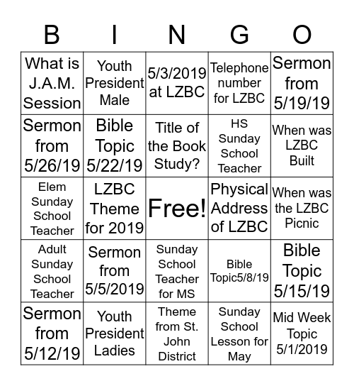 LZBC Game Night Bingo Card