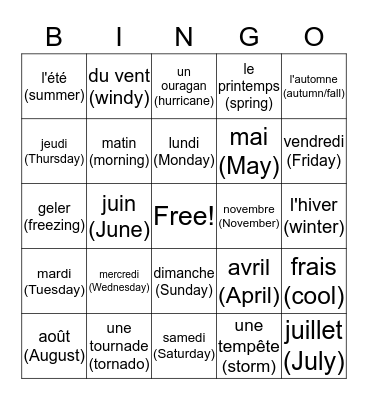 Times of the day, days of the week, seasons & weather and months of the yea Bingo Card