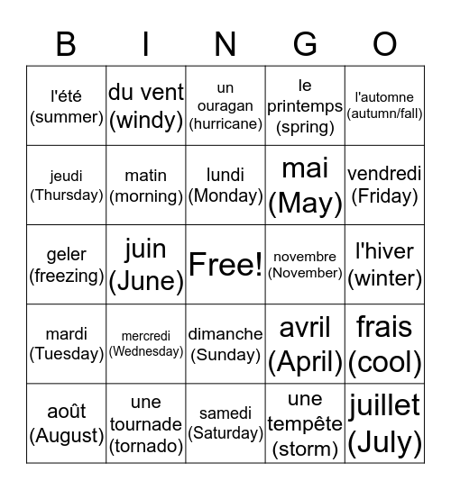 Times of the day, days of the week, seasons & weather and months of the yea Bingo Card