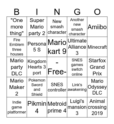 Nintendo E3 2019 Bingo Card