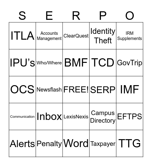 THE NEW IMPROVED SERPO Bingo Card