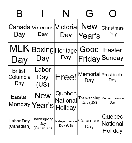 Holiday Bingo Card