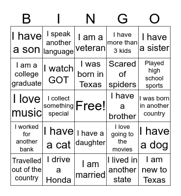 Get To Know You Bingo Card