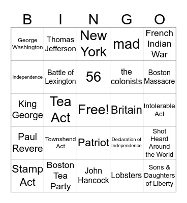 Road to the Revolution  Bingo Card