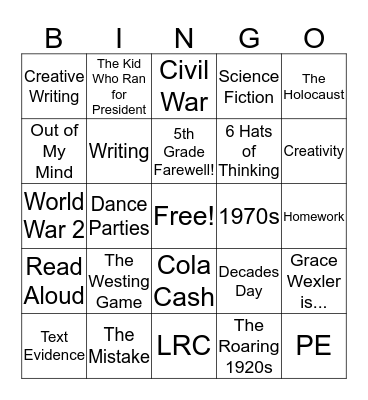 5th Grade Bingo Card