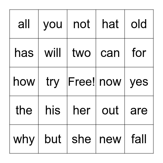 Sight Words Bingo Card