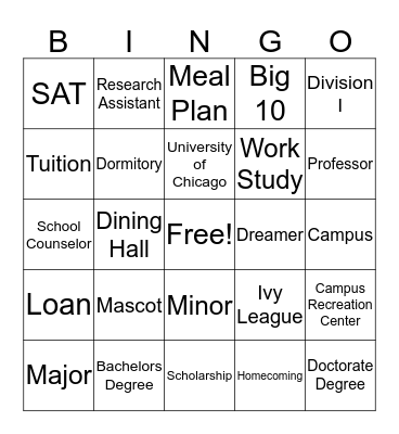 College Vocab Bingo Card