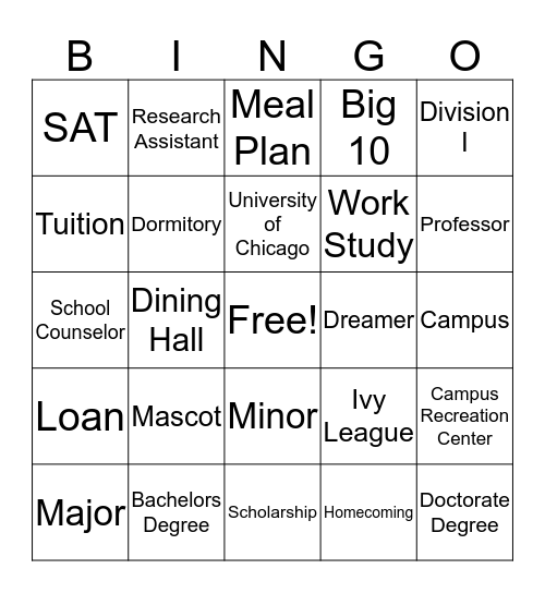 College Vocab Bingo Card