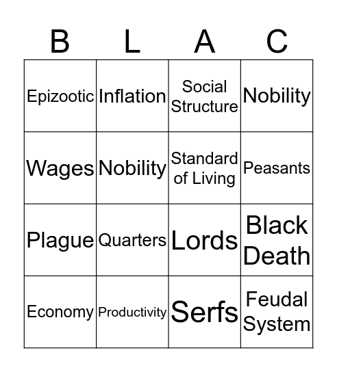 Black Death Bingo!  Bingo Card