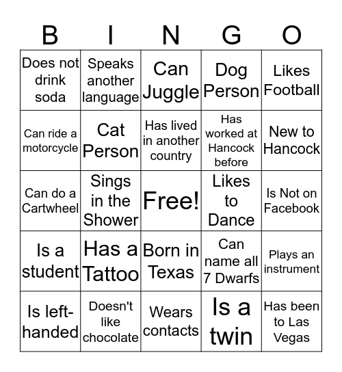 Hancock Human Bingo Card