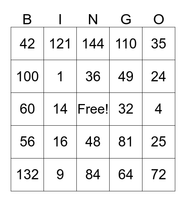 Multiplication Bingo Card