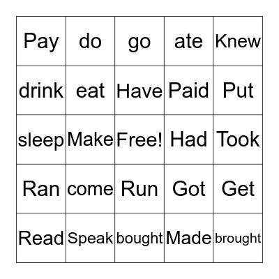 Base and Past forms of Irregular Verbs Bingo Card