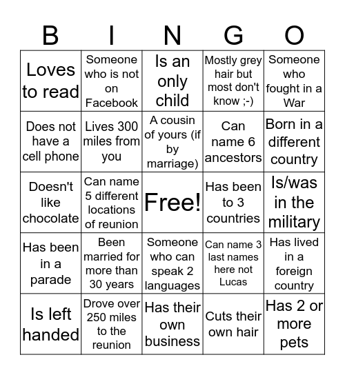 2019 Lucas Reunion Bingo Card