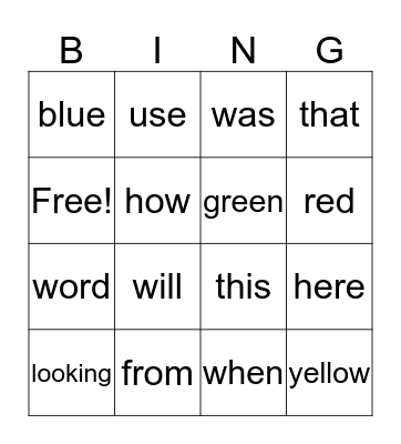 Sight Words Bingo Card