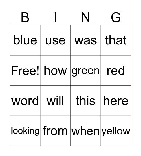 Sight Words Bingo Card