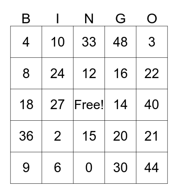 Multiplication Bingo Card