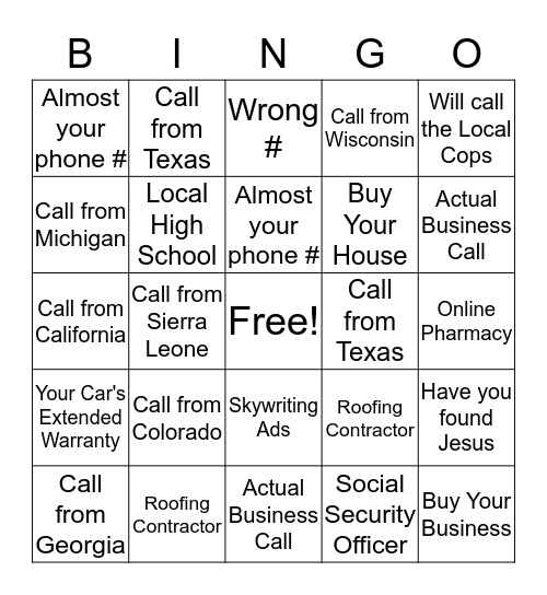 Spam Call Bingo Card