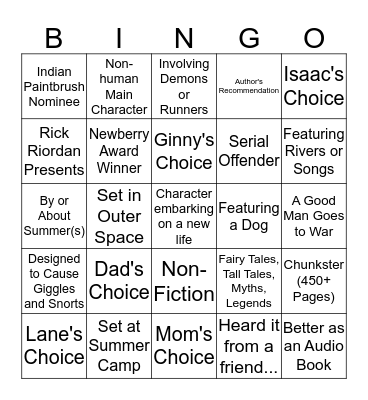 Summer Book Bingo 2019 Bingo Card