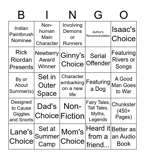 Summer Book Bingo 2019 Bingo Card