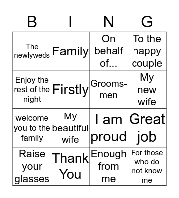 Wedding Speech Bingo! Bingo Card