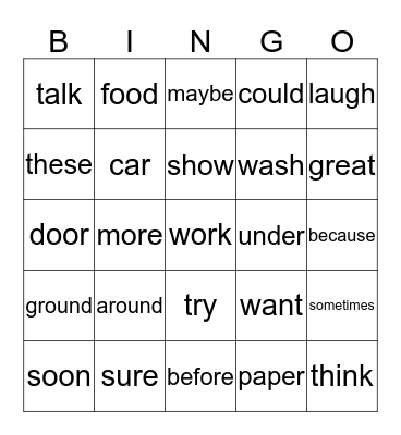 Sight Word Bingo Card