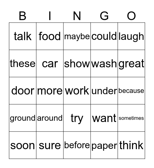 Sight Word Bingo Card