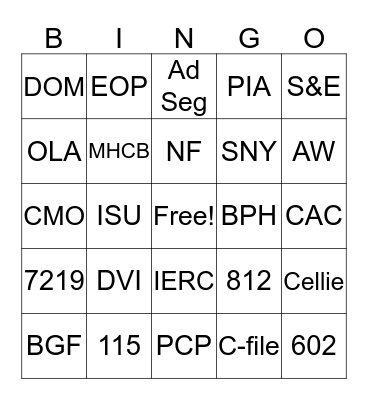 CDCR Lingo Bingo Card