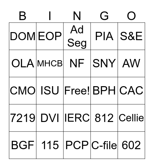 CDCR Lingo Bingo Card
