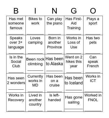 ICBC Scavenger Hunt- Find someone who... Bingo Card