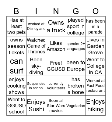 GGSAA 2019 Bingo Card