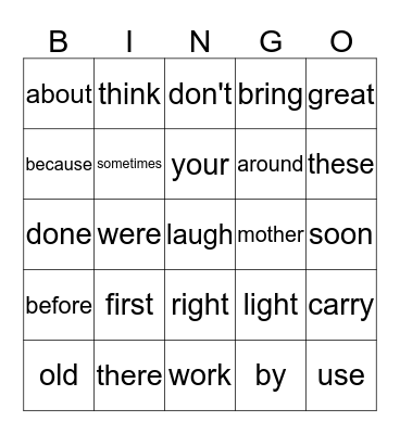 Sight Word Bingo Card